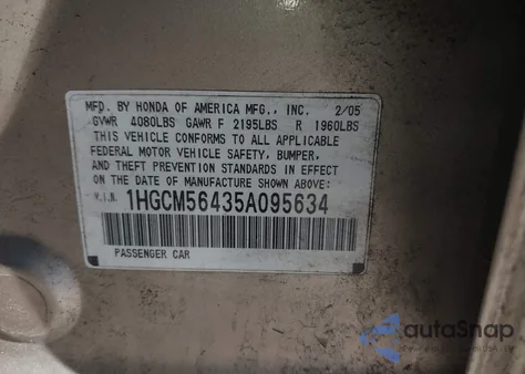 2005 Honda Accord 2.4 Lx from USA, damaged, VIN 1HGCM56435A095634
